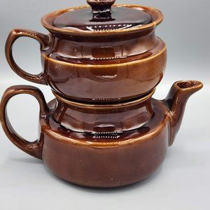 Vintage USA Stoneware Brown 3-piece Double Dripolator Teapot/Coffee Pot w/Lid